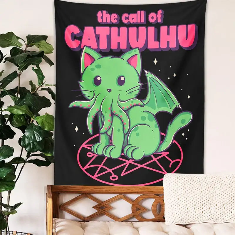 Psychedelic black tapestry wall hanging featuring a green cat cthulhu with wings on a pink pentagram for bedroom decorbites cat
