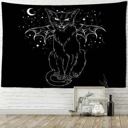 Psychedelic black cat wall hanging featuring decorbites black cat bat wings with glowing eyes on starry night tapestry