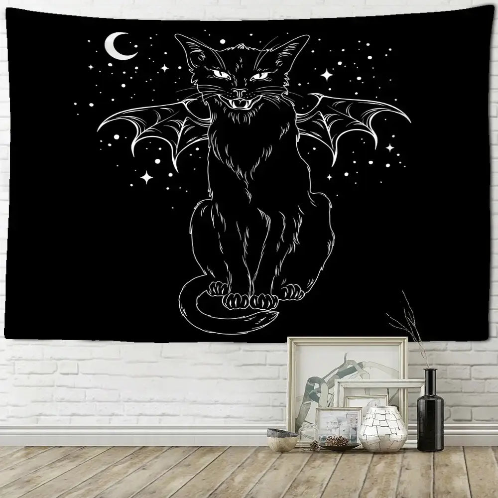 Psychedelic black cat wall hanging featuring a decorbites black cat with bat wings against a starry night sky
