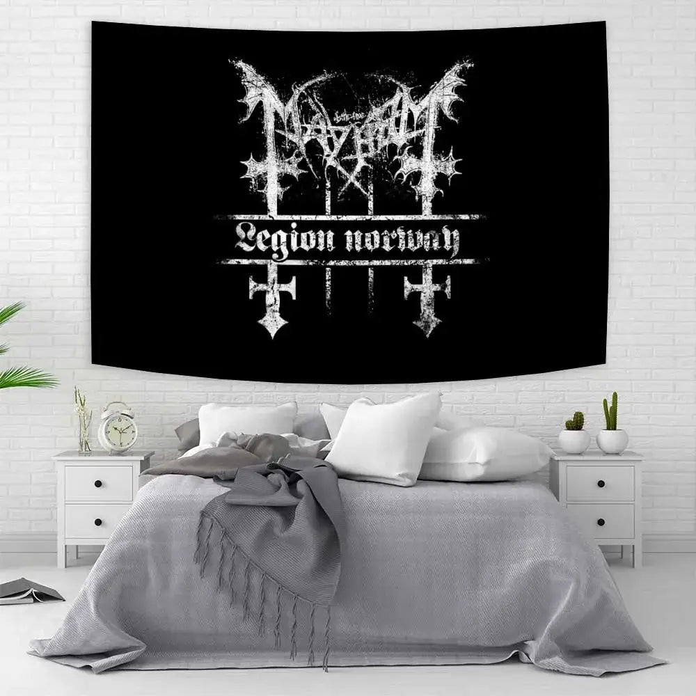 Psychedelic black metal flag banner silk screen wall art featuring a distressed white mayhem logo on black tapestry decorbites black metal