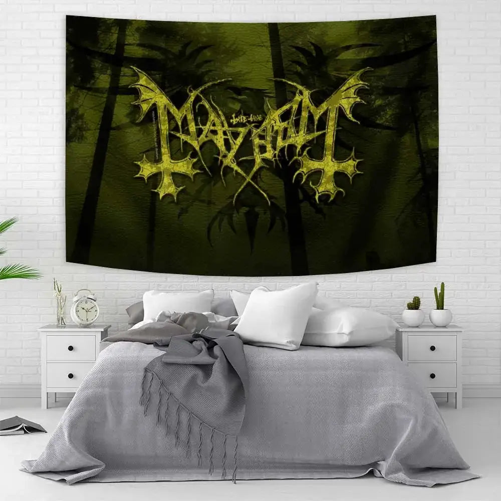 A dark green silk screen black metal flag banner with mayhem logo forest backdrop decorbites black metal wall art above bed