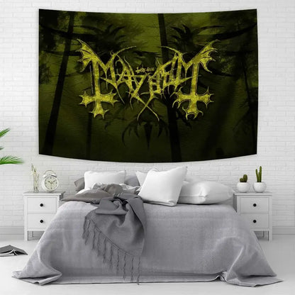 A dark green silk screen black metal flag banner with mayhem logo forest backdrop decorbites black metal wall art above bed