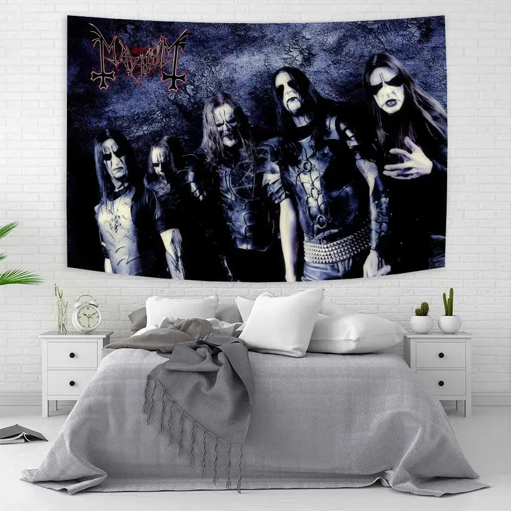 Black and dark blue silk screen black metal flag banner featuring Mayhem for bedroom decorbites black metal decor