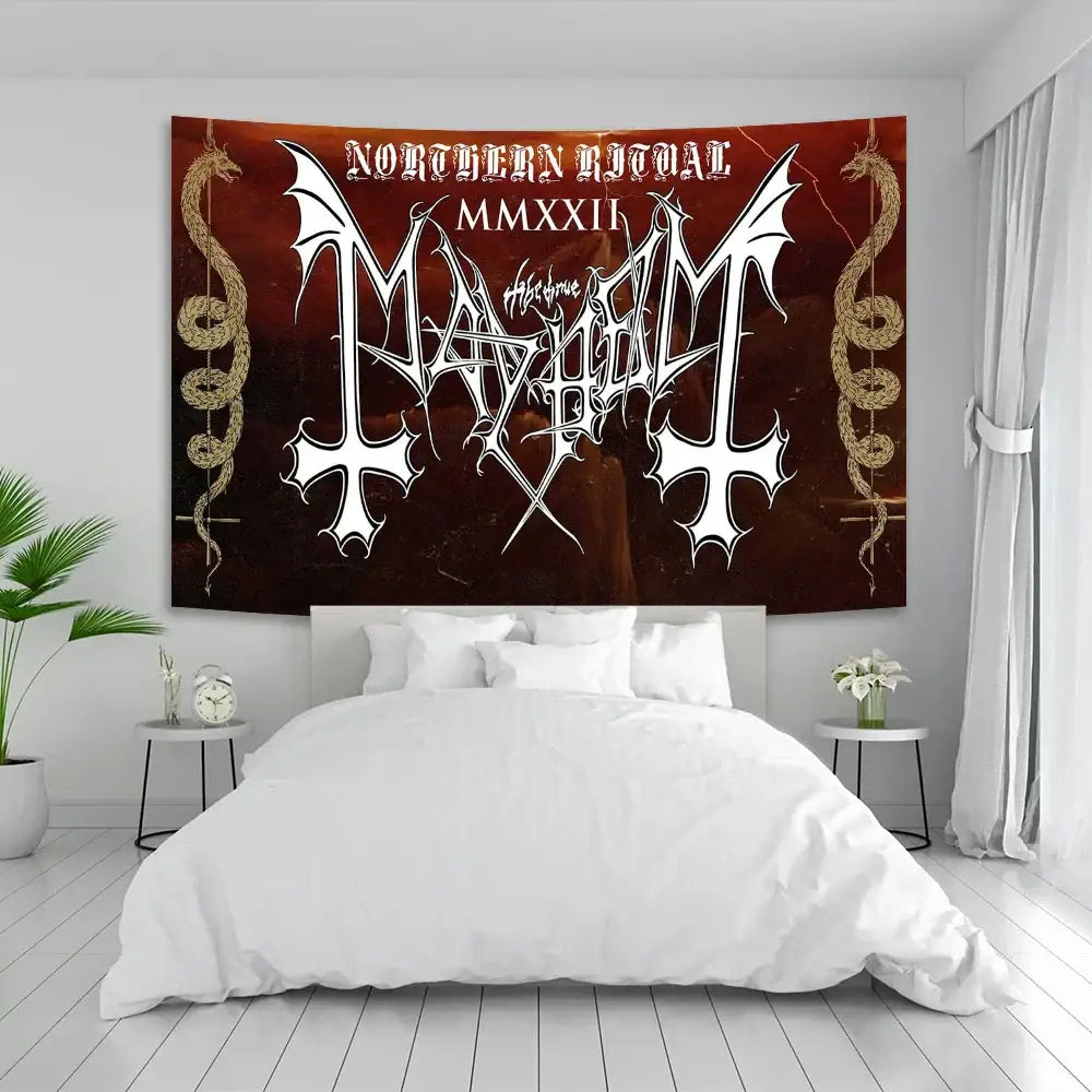 Psychedelic black metal flag banner silk screen wall art featuring mayhem logo on dark red and gold decorbites black metal tapestry