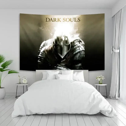 Dark souls-themed wall tapestry with a black-and-gold armored warrior silhouette on a radiant light backdrop for decorbites dark souls decor