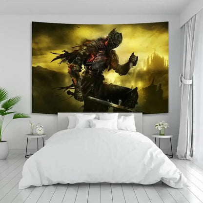 Dark souls tapestry featuring a psychedelic blue and black knight design for decorbites dark souls bedroom decor
