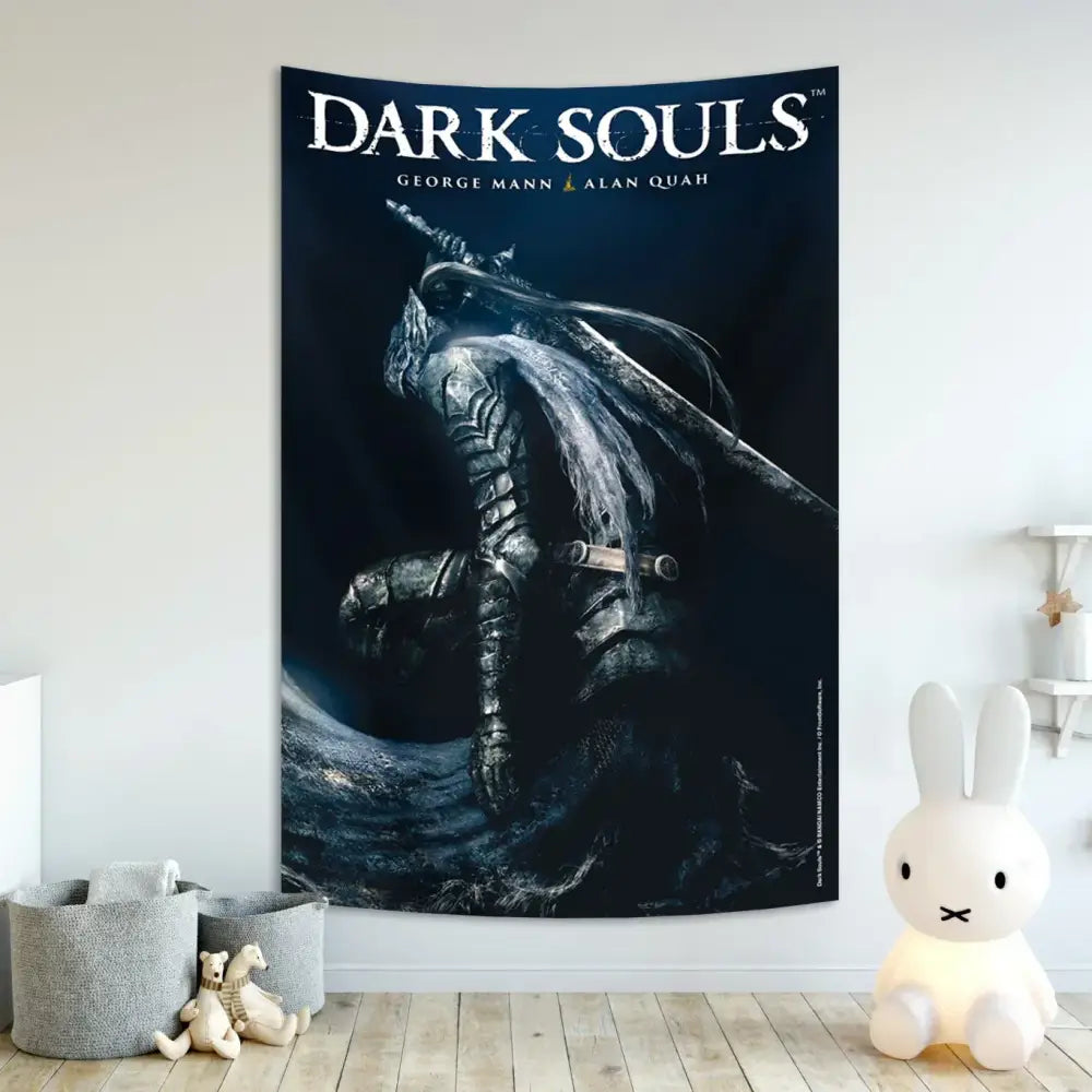 Dark souls-themed decorbites dark wall tapestry featuring a dramatic armored warrior in black and gray tones for bedroom decor