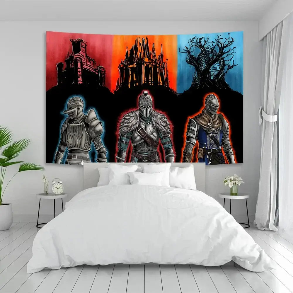 A vibrant tri-color dark souls tapestry featuring three armored knights and castle silhouettes for decorbites dark walls