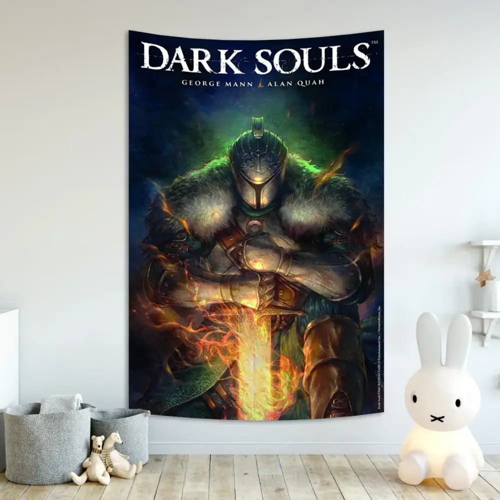 Dark souls-themed wall tapestry by decorbites featuring an armored warrior in green and orange for bedroom decor