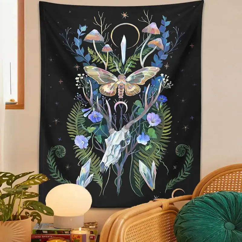 Black tapestry featuring a psychedelic deer skull mushroom design with crystals and foliage in blue green and gold decorbites deer skull decor
