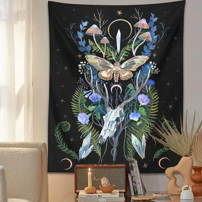 Black tapestry wall hanging with deer skull mushroom design featuring moth crystals and foliage in blue green gold white hues