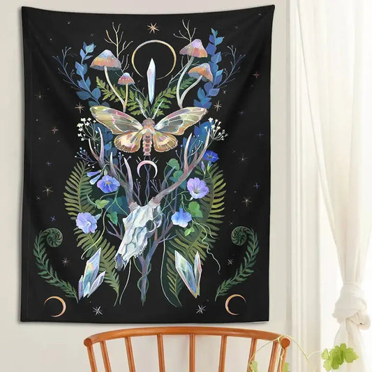 Black tapestry wall hanging featuring a white deer skull mushroom design with colorful ferns and butterfly for decorbites deer skull decor