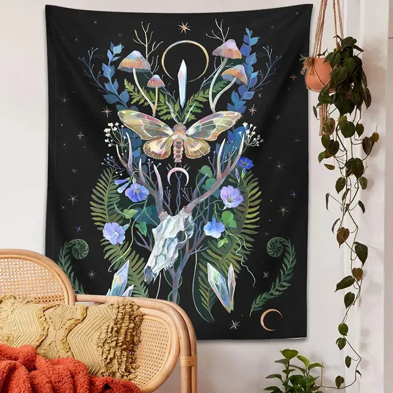 Black psychedelic deer skull mushroom moon tapestry with glowing moth crystals foliage in blue green gold decorbites deer skull