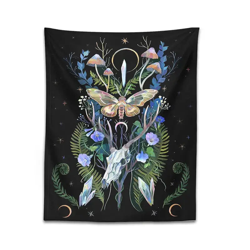 Black tapestry wall hanging featuring a psychedelic deer skull mushroom design with blue green and gold accents for decorbites decor