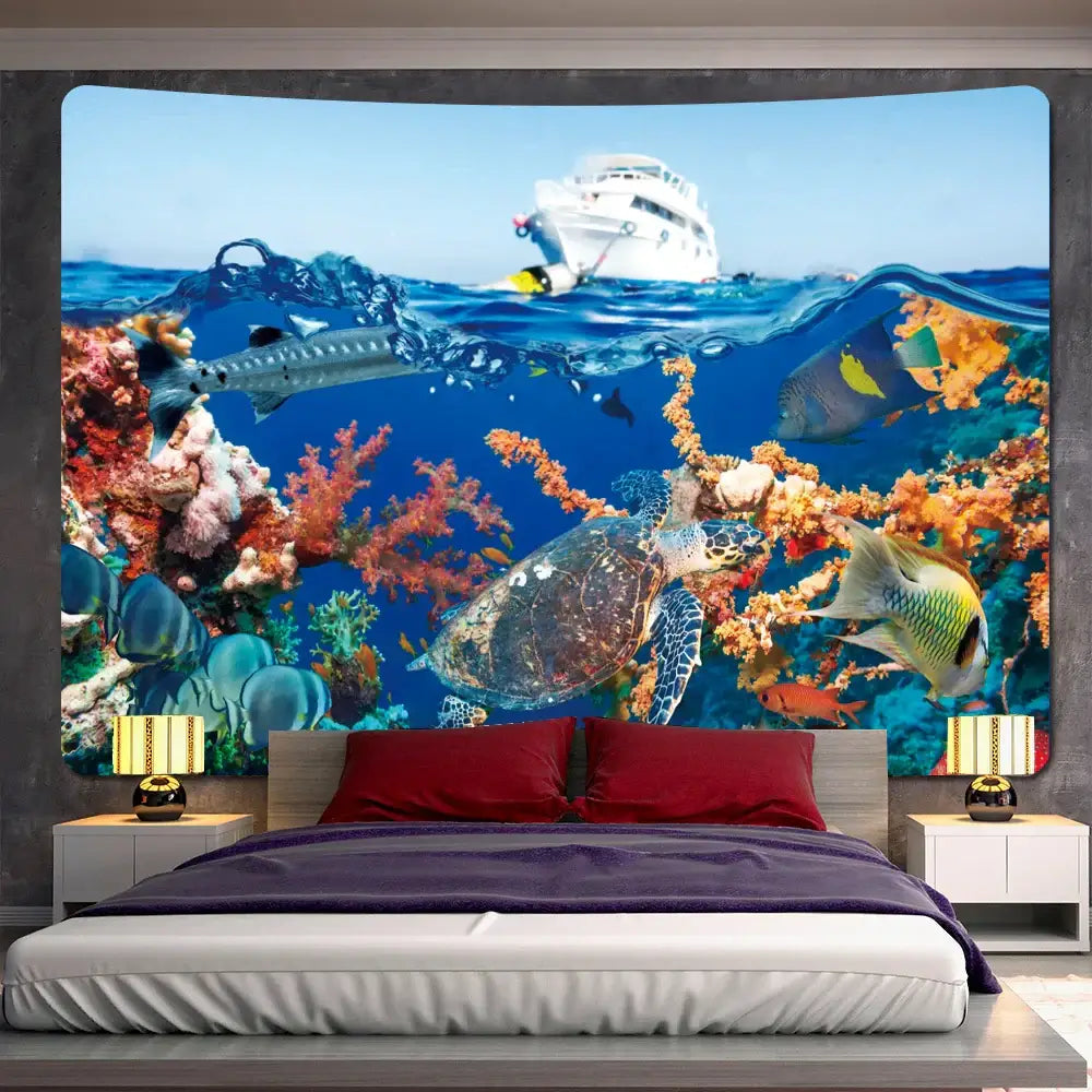 Psychedelic dolphin underwater coral reef tapestry decorbites dolphin showcasing sea turtle fish and dive boat mural
