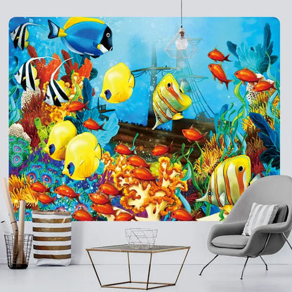 Psychedelic dolphin underwater coral reef tapestry features vibrant tropical fish coral reefs and shipwreck backdrop decorbites dolphin