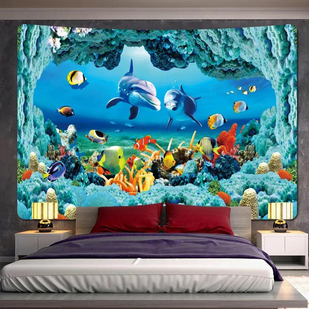 Psychedelic dolphin underwater coral reef tapestry by decorbites featuring vibrant corals and tropical fish for bedroom decor