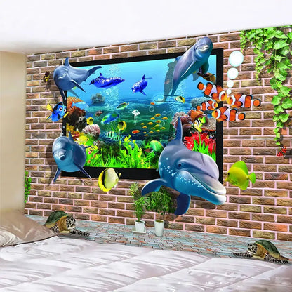 Vibrant decorbites dolphin psychedelic tapestry featuring colorful dolphins and tropical fish in an underwater coral reef scene