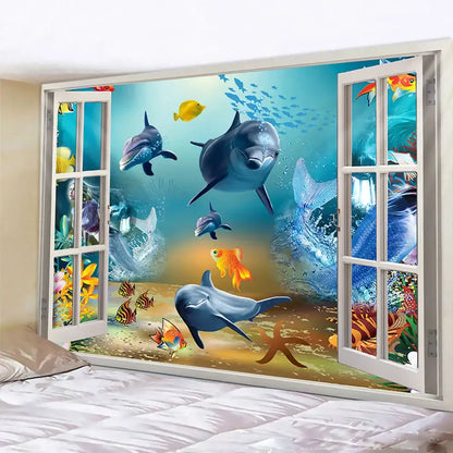 A decorbites dolphin psychedelic tapestry featuring vibrant dolphins fish and coral framed by a white 3d window design