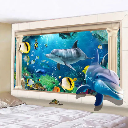 Vibrant decorbites dolphin psychedelic tapestry with blue dolphin and colorful coral reef for bedroom wall decor