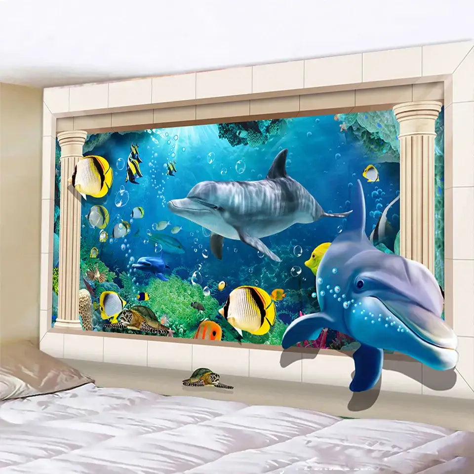 Vibrant decorbites dolphin psychedelic tapestry featuring a blue dolphin and colorful coral reef for bedroom wall decor