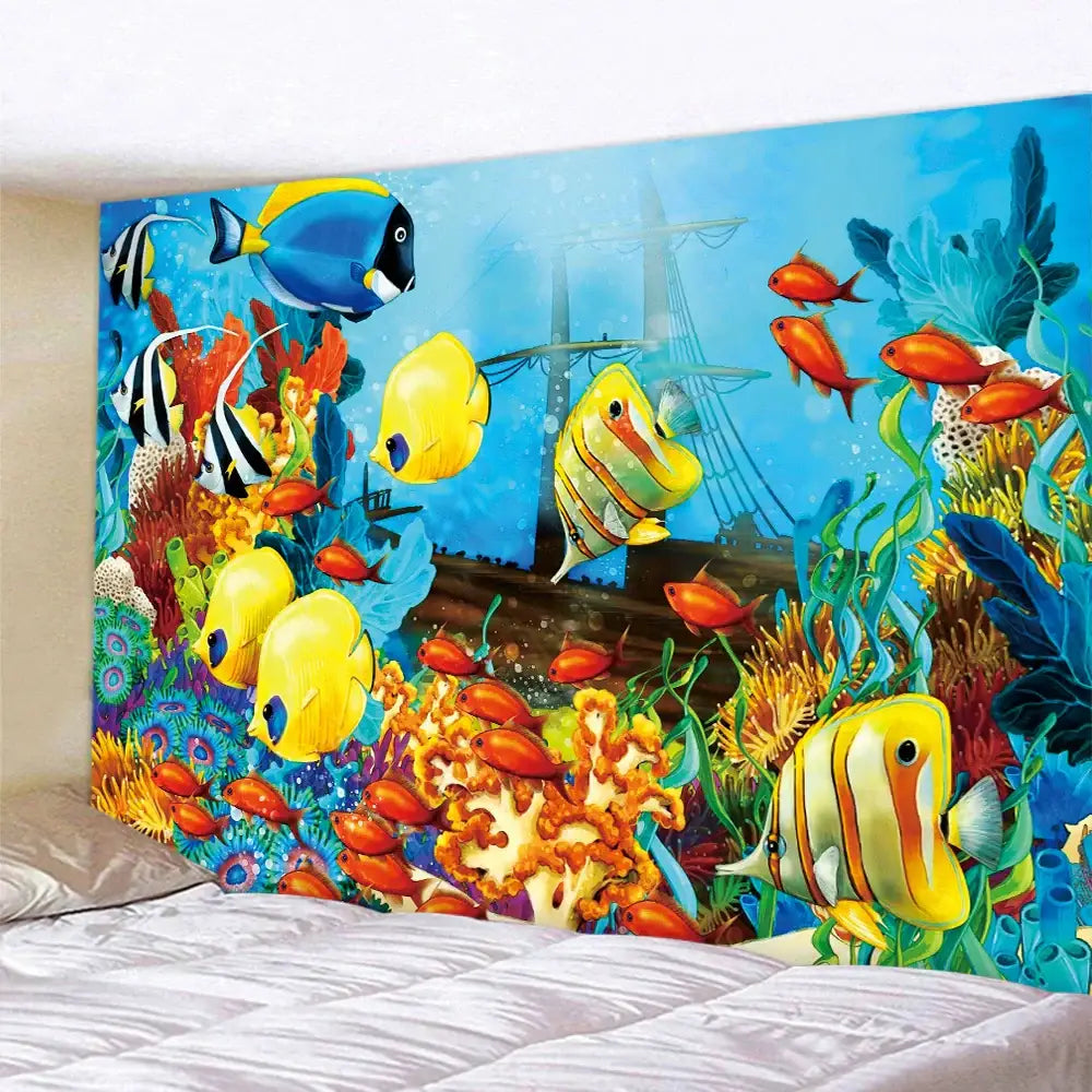 Psychedelic dolphin underwater coral reef tapestry featuring vibrant tropical fish coral reefs and shipwreck decorbites dolphin