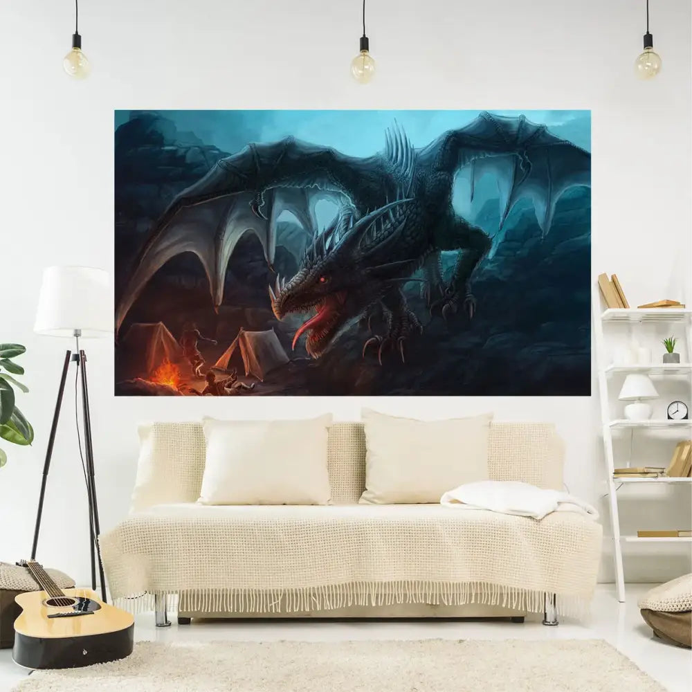 Psychedelic dragon meme tapestry large bedroom wall hanging featuring dark blue dragon with glowing red eyes and intricate scales