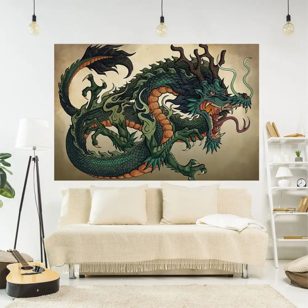 A vibrant green and orange decorbites dragon meme tapestry with intricate scales and fierce expression for large wall hanging