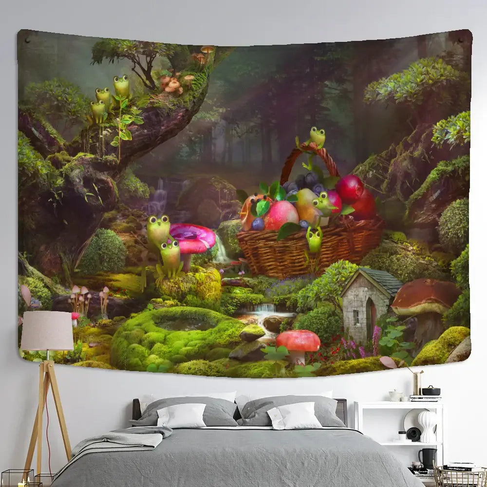 Psychedelic forest frog tapestry wall hanging with vibrant green moss colorful mushrooms and woven basket for kids bedroom