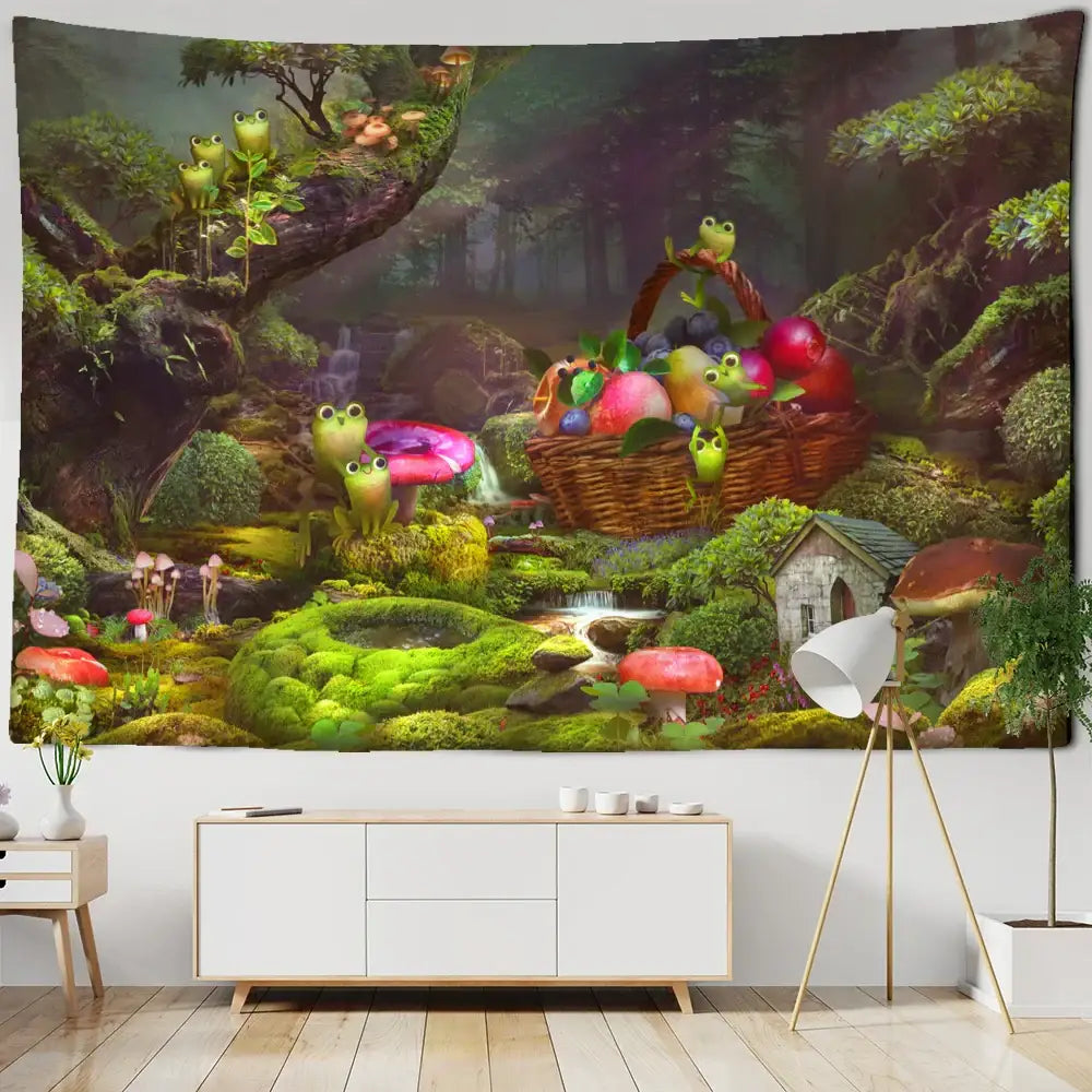 A vibrant psychedelic frog tapestry wall hanging with frogs mushrooms and fruit in rich greens purples and browns for kids bedroom