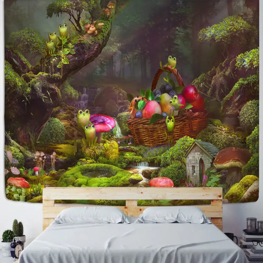 Psychedelic forest frog tapestry wall hanging featuring vibrant greens purples and reds with woven basket detail on soft fabric