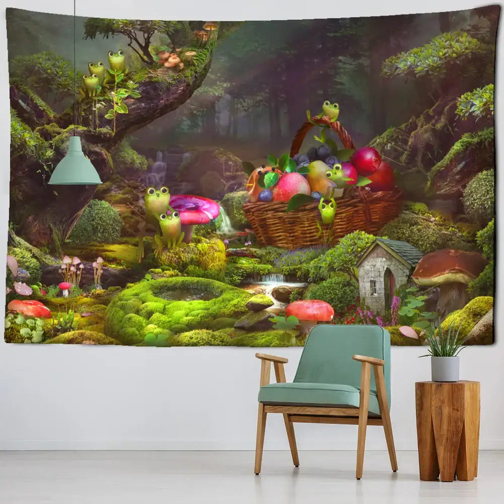Psychedelic forest frog tapestry wall hanging featuring vibrant greens purples reds with frogs mushrooms and fruit basket for kids bedroom