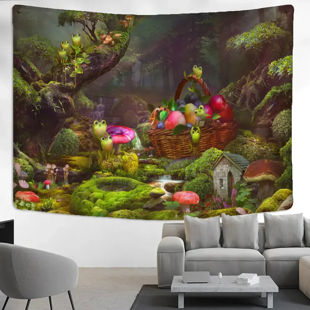 Psychedelic forest frog tapestry wall hanging with vibrant greens purples reds featuring mossy landscapes and whimsical frogs