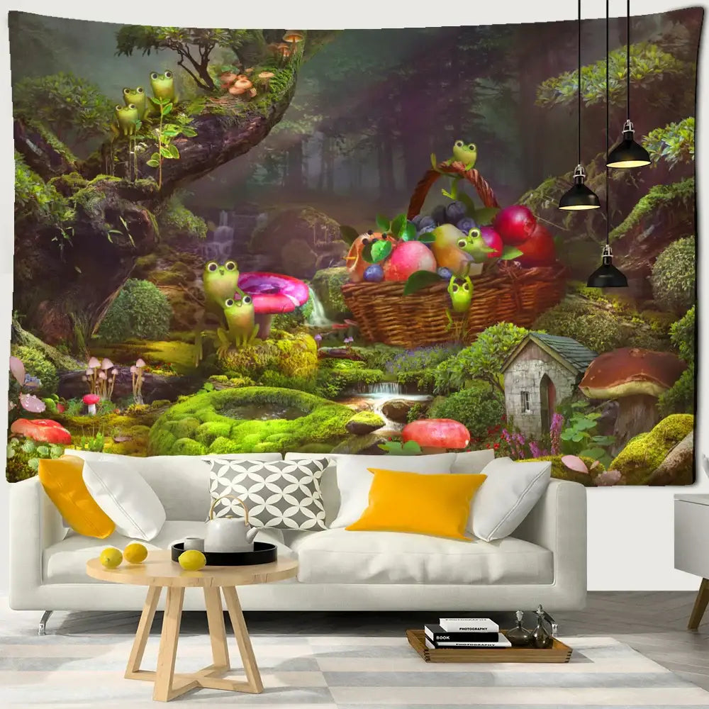 Psychedelic forest frog tapestry wall hanging with vibrant greens purples reds mossy trees mushrooms and playful frogs for kids bedroom