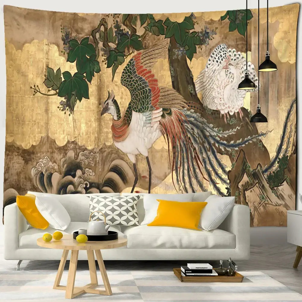 Psychedelic gold peacock cute skeleton tapestry bedroom wall hanging with vibrant green red and white feathers decorbites cute