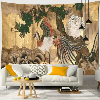 Psychedelic gold peacock cute skeleton tapestry bedroom wall hanging with vibrant green red and white feathers decorbites cute