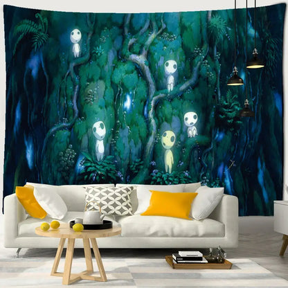 Psychedelic gold peacock cute skeleton tapestry featuring vibrant green and blue forest decorbites cute spirit characters wall hanging
