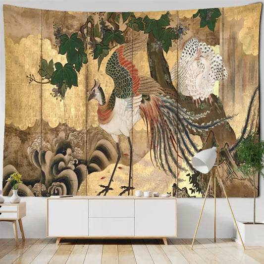 Psychedelic gold peacock cute skeleton tapestry with intricate green red white feathers on textured gold decorbites cute wall hanging