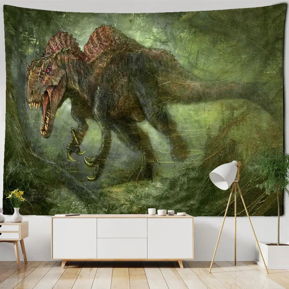 Psychedelic gold peacock cute skeleton tapestry with a roaring spinosaurus in misty green jungle decorbites cute skeleton
