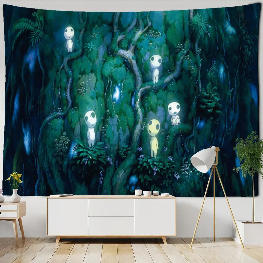 Dark green and blue cute skeleton tapestry with glowing spirit figures forest scene for decorbites cute bedroom wall hanging