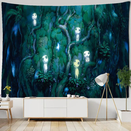 Dark green and blue cute skeleton tapestry with glowing spirit figures forest scene for decorbites cute bedroom wall hanging