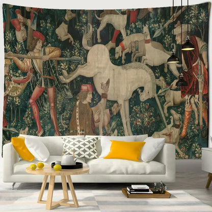 A decorbites cute skeleton tapestry featuring a medieval hunting scene in deep greens reds and earth tones for wall decor