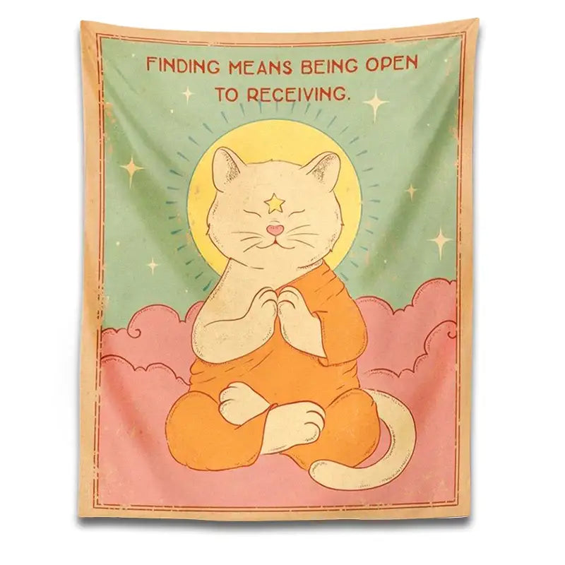 A soft vintage-style decorbites cat tapestry featuring a meditative orange cat with sun moon pastel background
