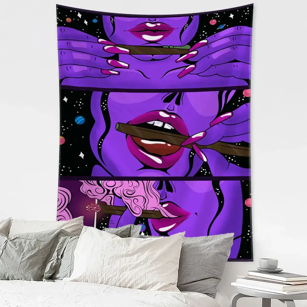Purple illustrated tapestry featuring stylized lips hands holding cigar against starry background for green star girl decor
