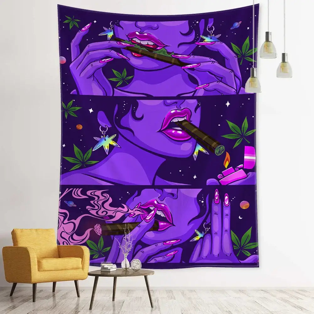 Purple psychedelic green star girl tapestry featuring stylized hands and lips with cannabis-themed wall decor