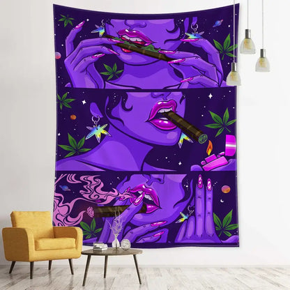 Purple psychedelic green star girl tapestry featuring stylized hands and lips with cannabis-themed wall decor