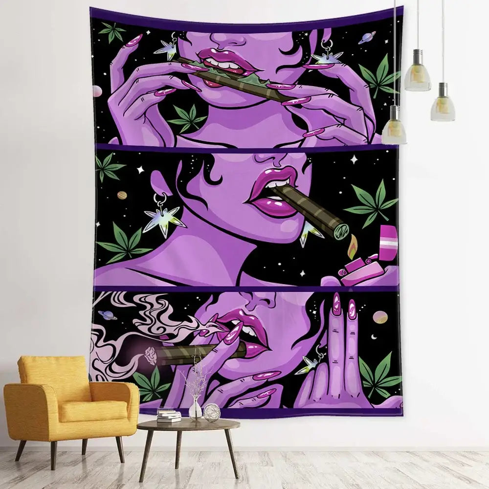 Purple illustrated wall tapestry featuring a stylized green star girl smoking cannabis against a starry background