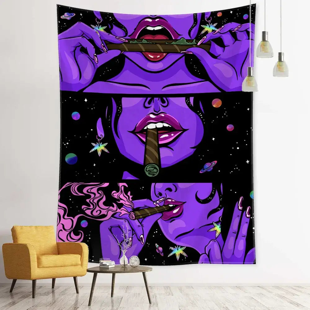 Psychedelic green star girl tapestry with purple and black lips smoking cannabis against cosmic stars wall decor