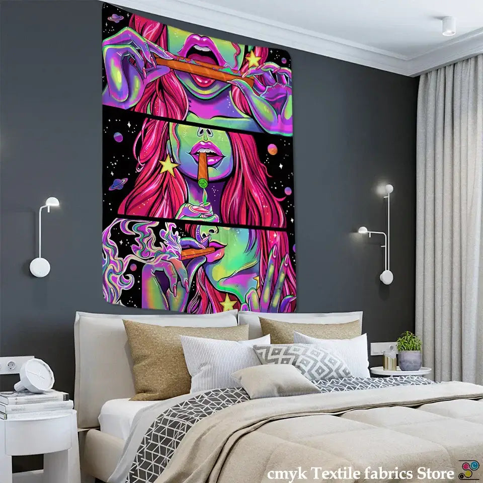 Vibrant psychedelic tapestry of a green star girl with pink hair and glowing skin holding an orange pipe on black backdrop