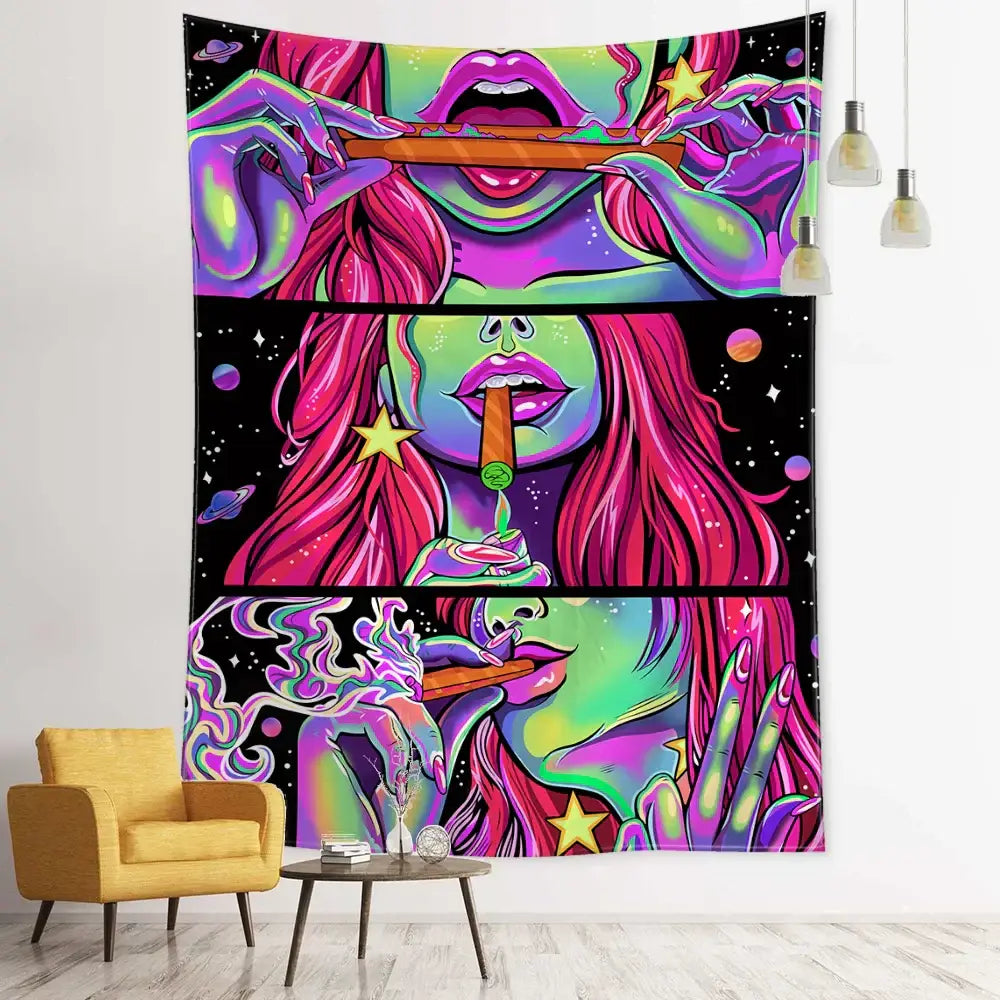 Psychedelic green star girl tapestry featuring a stylized pink-haired woman with glowing lips on cosmic background